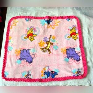 Pooh & Tigger fleece square throw, pink crochet trim, Hand made New